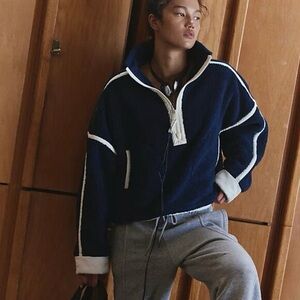FREE PEOPLE Mountain High Half Zip Fleece Navy White Medium